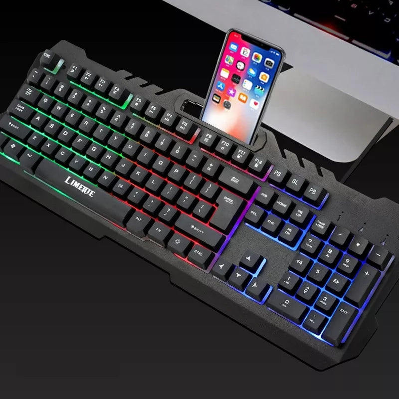 AUGIENB T21 USB Wired 104Key Rainbow Keyboard Desktop Computer Mechanical RGB Backlight Gaming Keyboard Phone Stand Bracket