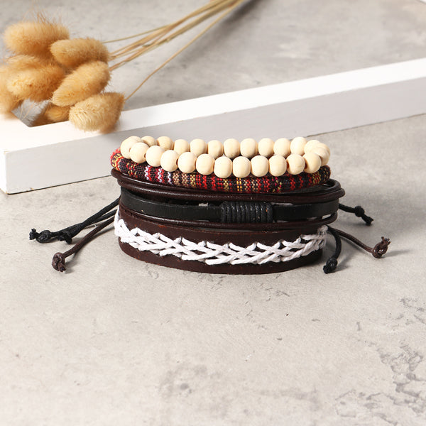 Punk Braided Leather Bracelet Adjustable White Beaded Bracelet for Men