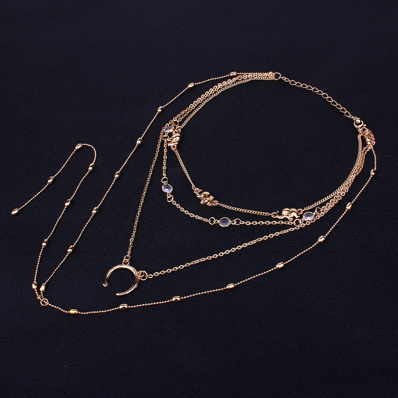 Bohemian Multilayer Moon Pendant Necklace Fashion Rhinestone Chain Charm Necklace Trendy Jewelry