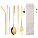 Golden Stainless Steel Spoon Fork Straw Set Chopsticks with Cleaning Brush