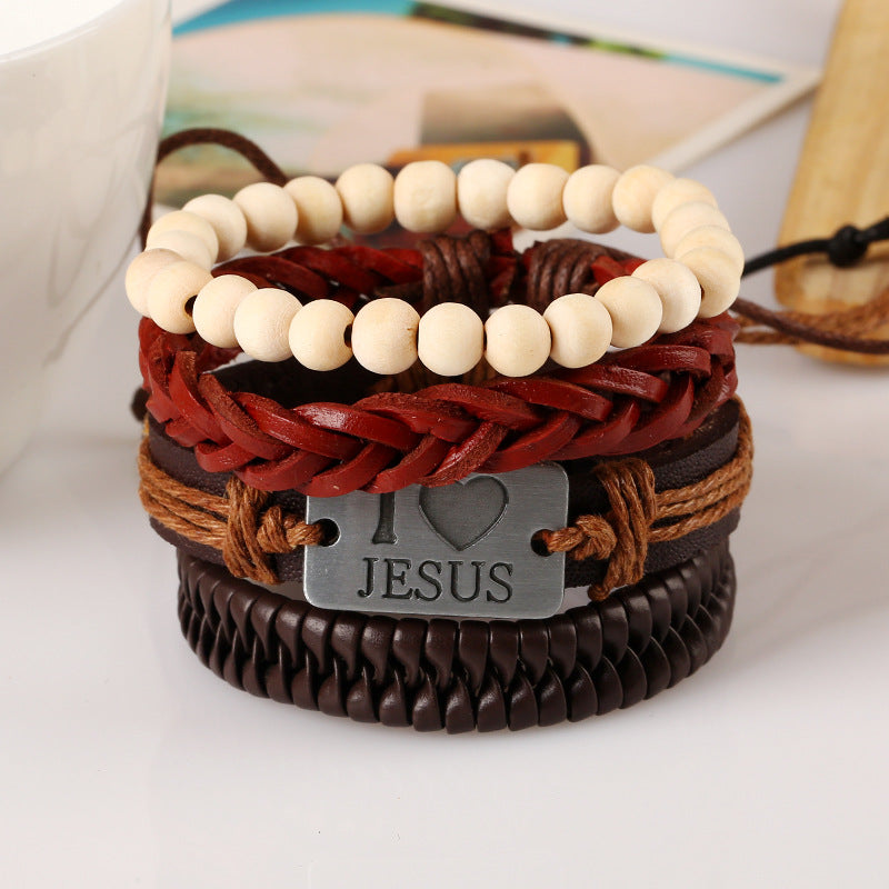Religious I Love Jesus Bracelet Cowhide Multilayer Wristband White Wood Bead Bracelet for Men