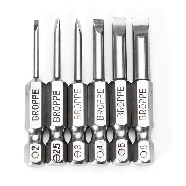 BROPPE 6Pcs 50mm Magnetic 2.0-6.0mm Flat Head Slotted Tip Screwdrivers Bits