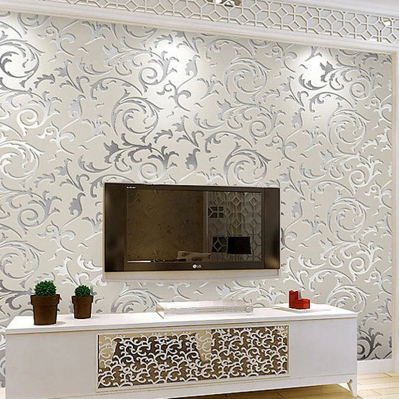 3D Silver Victorian Wall Sticker Damask Embossed Rolls Wallpaper Feature Living Room Background Decor