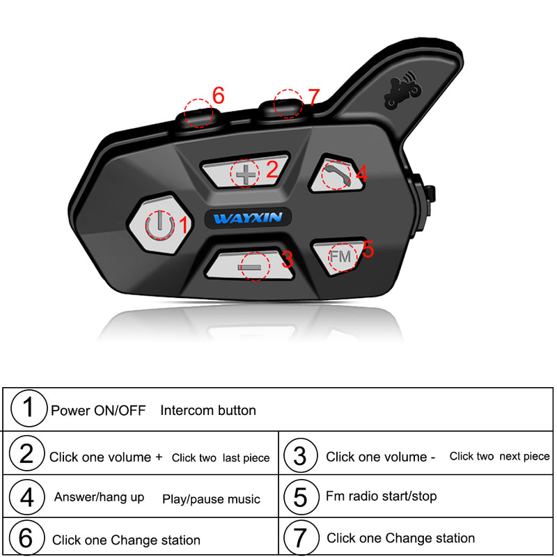WAYXIN 1000M Helmet Headsets bluetooth 2 Riders Intercom For R5 Motorcycle FM Bt Wireless Intercomunicador Interphone Mp3