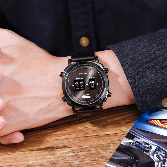 SKMEI 1519 Creative Rolling Time Display Leather Strap 30M Waterproof Men Watch Quartz Watch