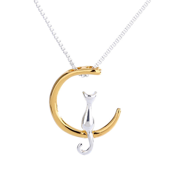 Trendy Cute Moon Cat Necklace Geometric Animal Pendant Necklace Clavicle Chain