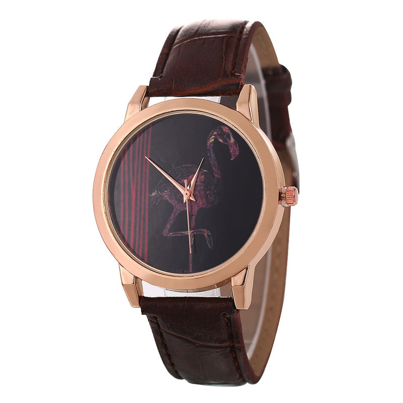 Red-crowned Crane Pattern Colorful Leather Strap Fashion Men Quartz Watch
