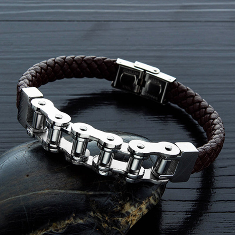 Leather Rope Woven Leather Stainless Steel Locomotive Chain Bracelet