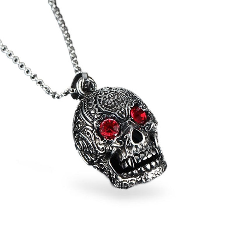 Fashion Men's Jewelry Titanium Steel Chain Red Eye Skull Pendant Necklace for Men