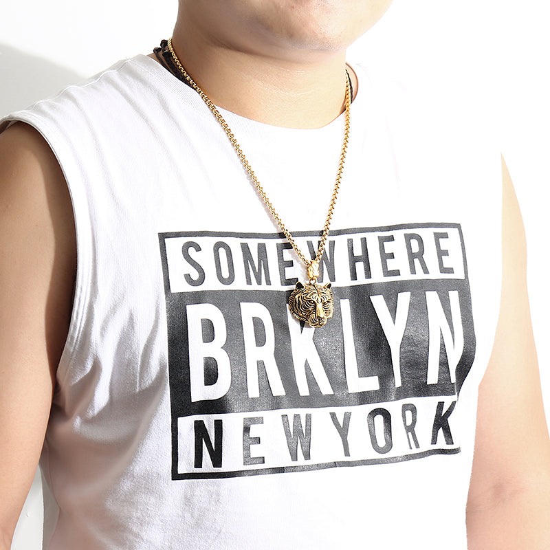 Men's Punk Gold Black Tiger Stainless Steel Long Necklace Hip-hop Accessory