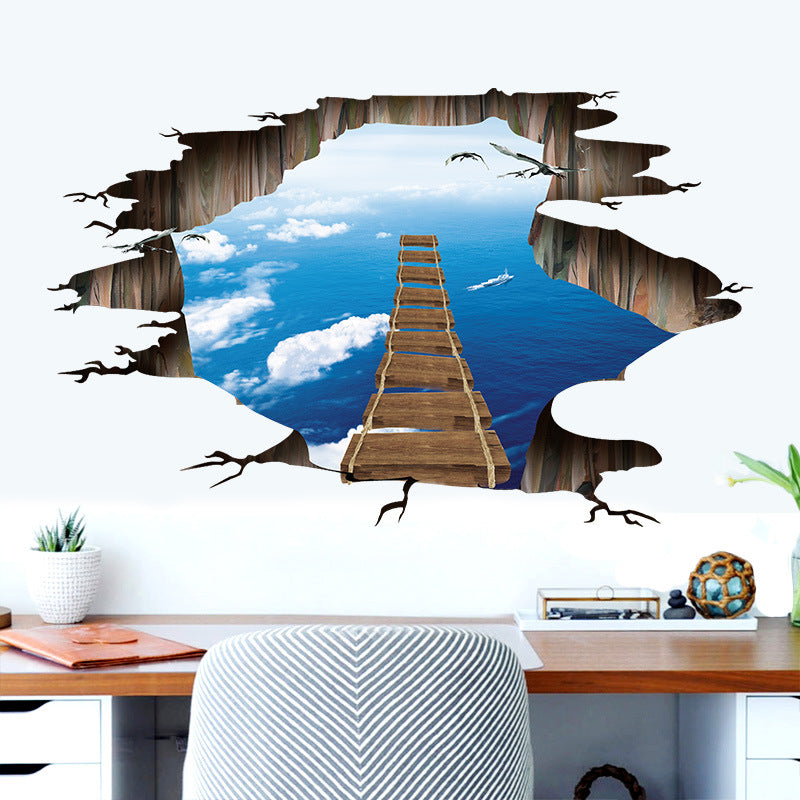 Miico Creative 3D Sky Bridge Broken Wall Removable Home Room Decorative Wall Door Decor Sticker