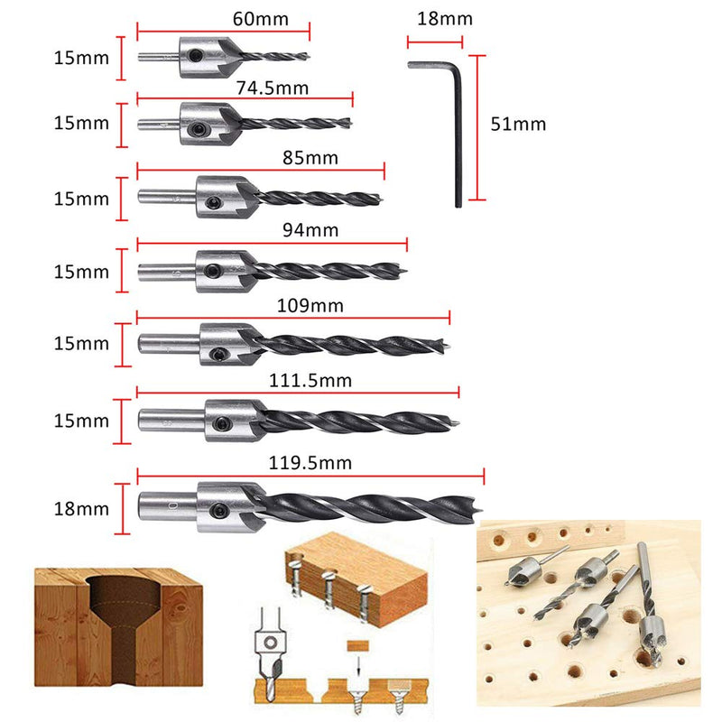 23 Pack Woodworking Chamfer Countersink Drill Bit 6pcs 1/4 Inch Hex 5 Flute 90 Degree Countersink Drill Bits 7pcs Three Pointed Countersink Drill Bit 8PCS Wood Plug Cutter Automatic Center Pin Punch