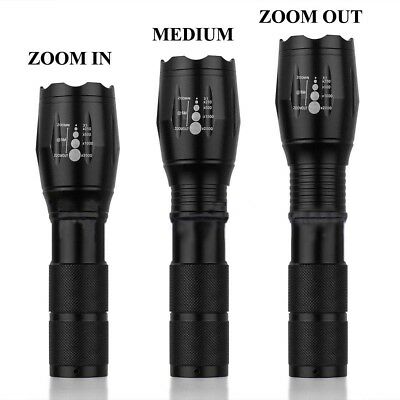 Tactical 90000LM T6 LED Flashlight Zoomable 5 Modes 18650 Focus Torch+AAA