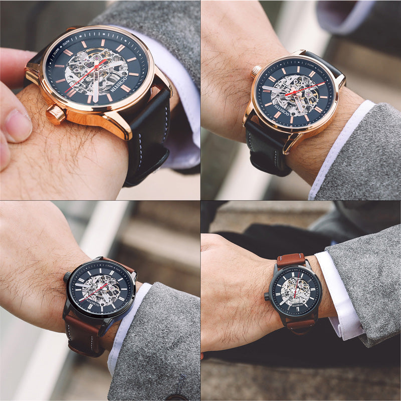 OCHSTIN 62001 Automatic Mechanical Watches Luminous Display Leather Strap Clock Men Wrist Watch