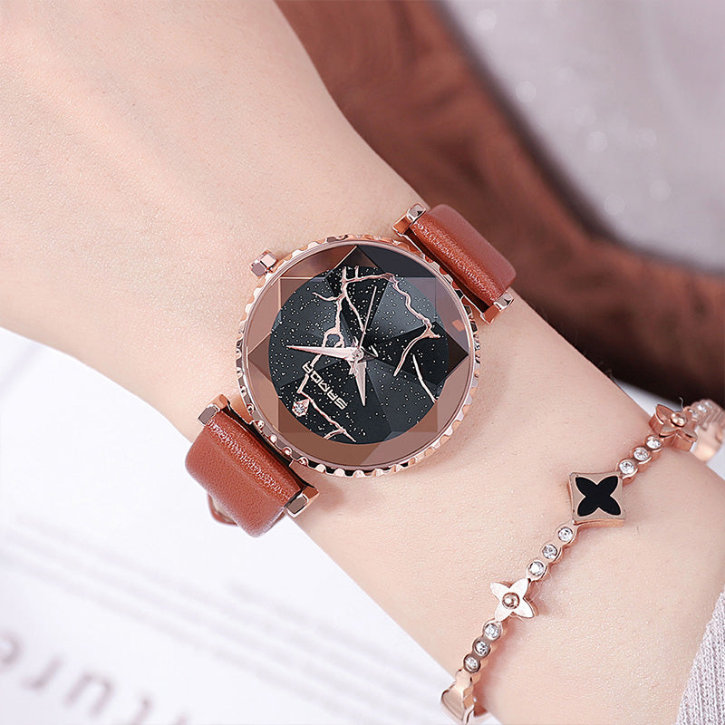 SANDA P231 Women Fashion Star Transparent Dial Leather Band Quartz Watch