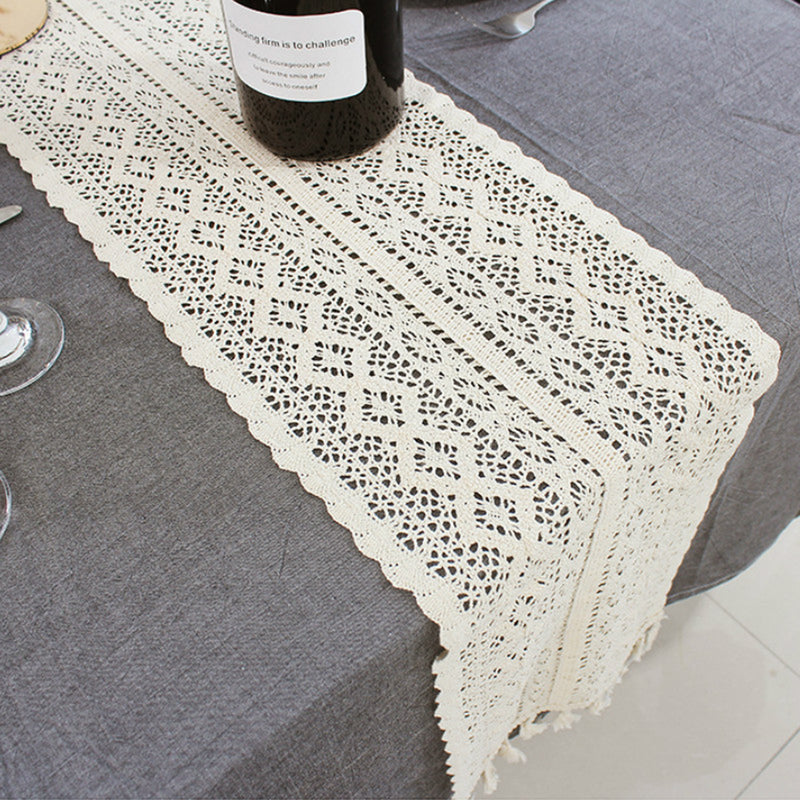 Beige Crochet Lace Table Runner Tassel Wedding Decorations Hollow Tablecloth Party Decor