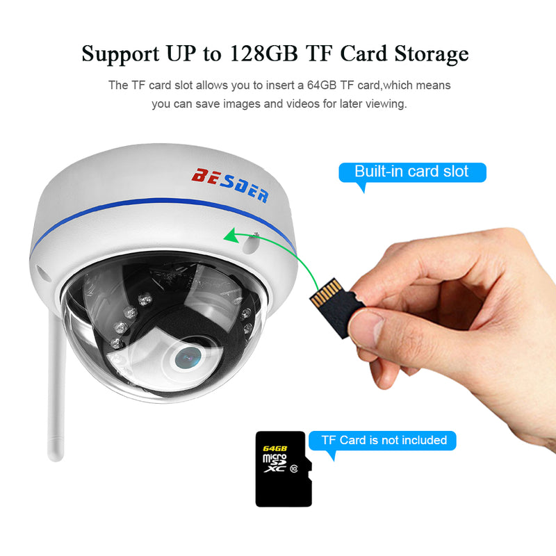 BESDER 6003MW-HX201 Vandal-proof 1080P HD  IP Camera WiFi AP Hotspot ONVIF P2P Motion-Detection Alert Dome Security Baby Monitors