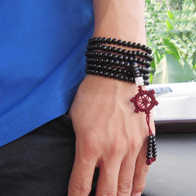 Trendy Black Sandalwood Buddhist Buddha Multilayer Beads Weaving Bracelet Necklace for Men
