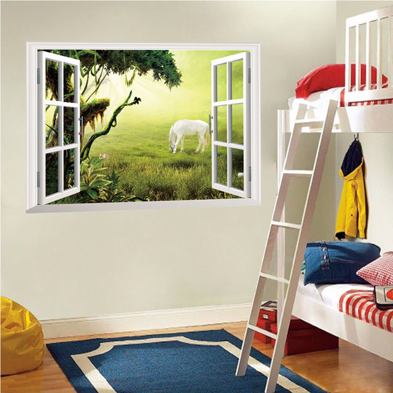 3D Grassland White Horse Scenery False Window PVC Decal Wall Sticker Muarl Home Room Decor
