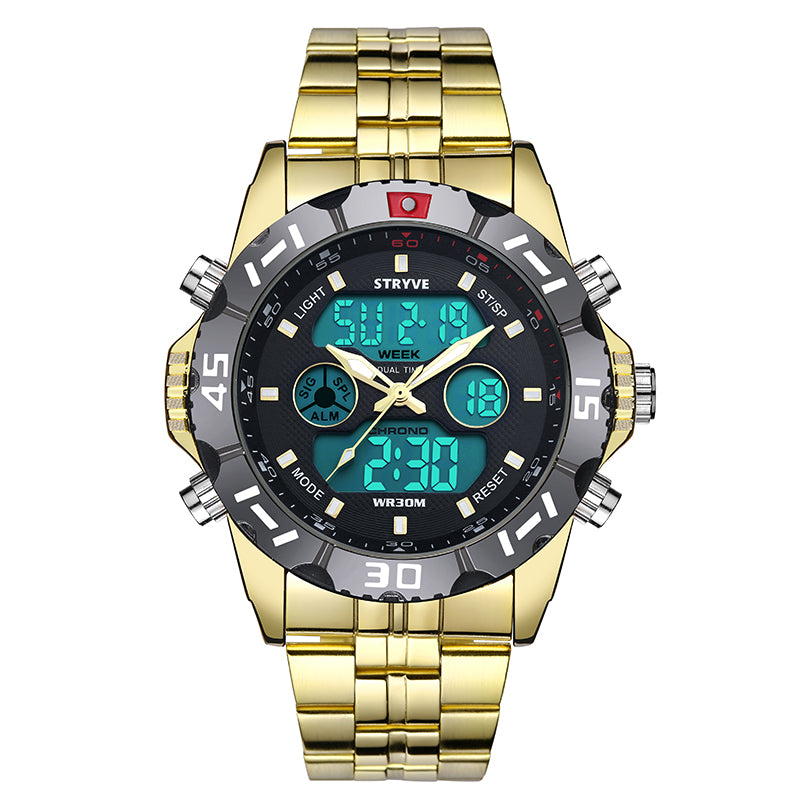 STRYVE S8011 Chronograph Alarm Calendar Stainless Steel Sport Dual Display Digital Watch