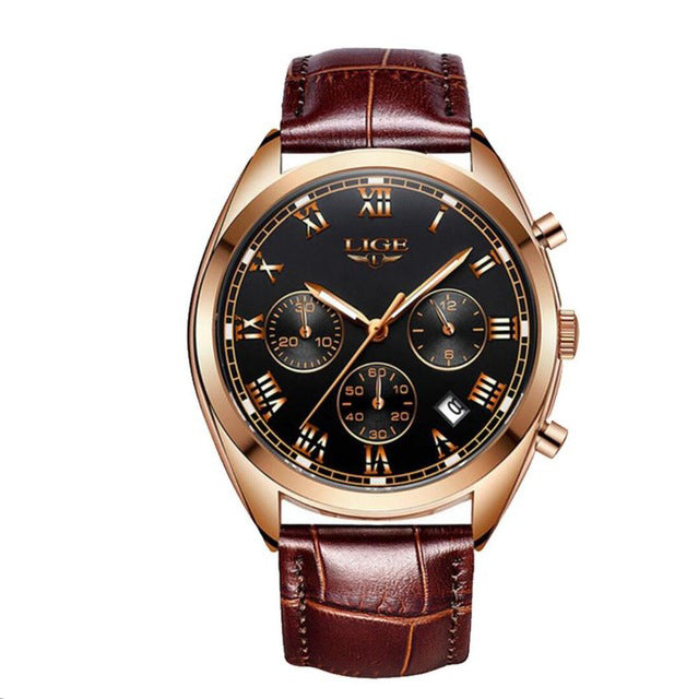 LIGE 9852 Waterproof Luminous Display Men Wrist Watch Fashion Leather Strap Quartz Watch