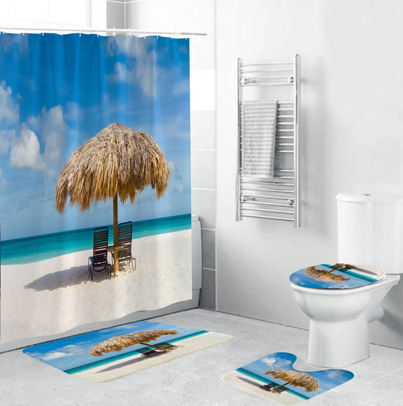 Beach Sea Waterproof Non Slip Bathroom Shower Curtain Toilet Cover Mat Rug Set 5