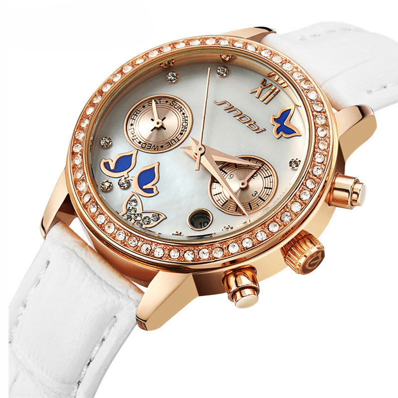 SINOBI 6556 Crystal Case Butterfly Women Leather Strap Ladies Dress Quartz Watch