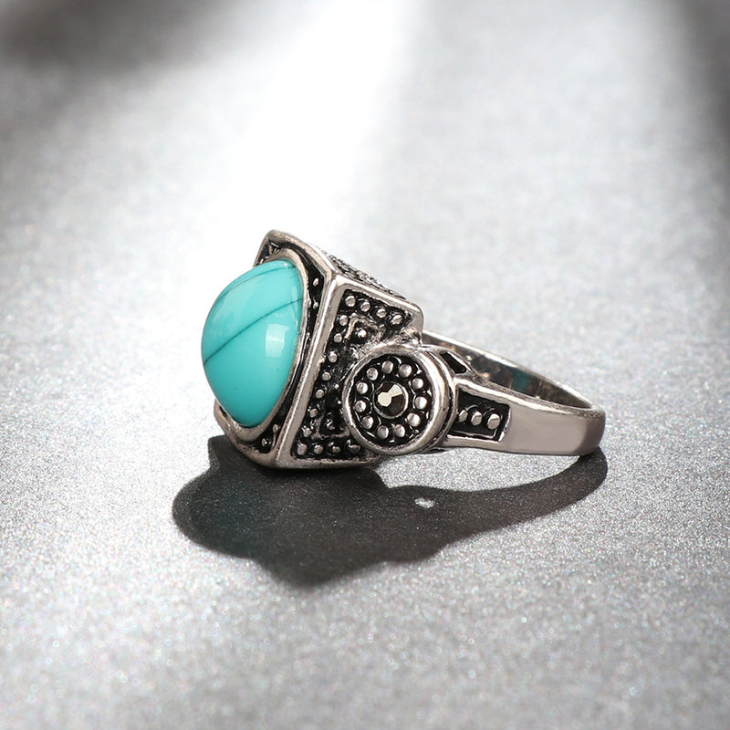 Fashion Blue Turquoise Crystal Finger Ring Geometric Antique Silver Rings Ethnic Jewelry