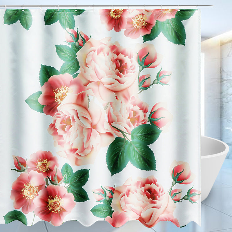 71''x71'' Long Peach Blossom Pattern Waterproof Polyester Shower Curtain with Hooks
