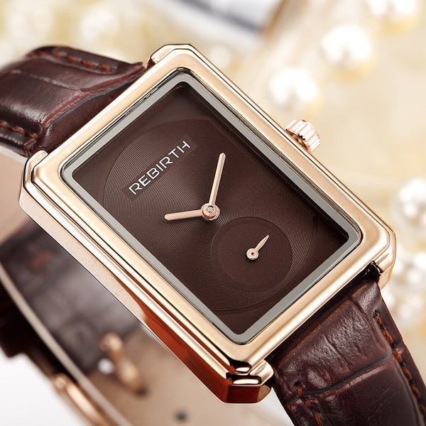 REBIRTH RE203 Square Dial Women Wrist Watch Elegant Design Leather Band Quartz Watches