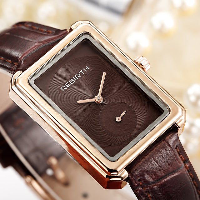 REBIRTH RE203 Square Dial Women Wrist Watch Elegant Design Leather Band Quartz Watches