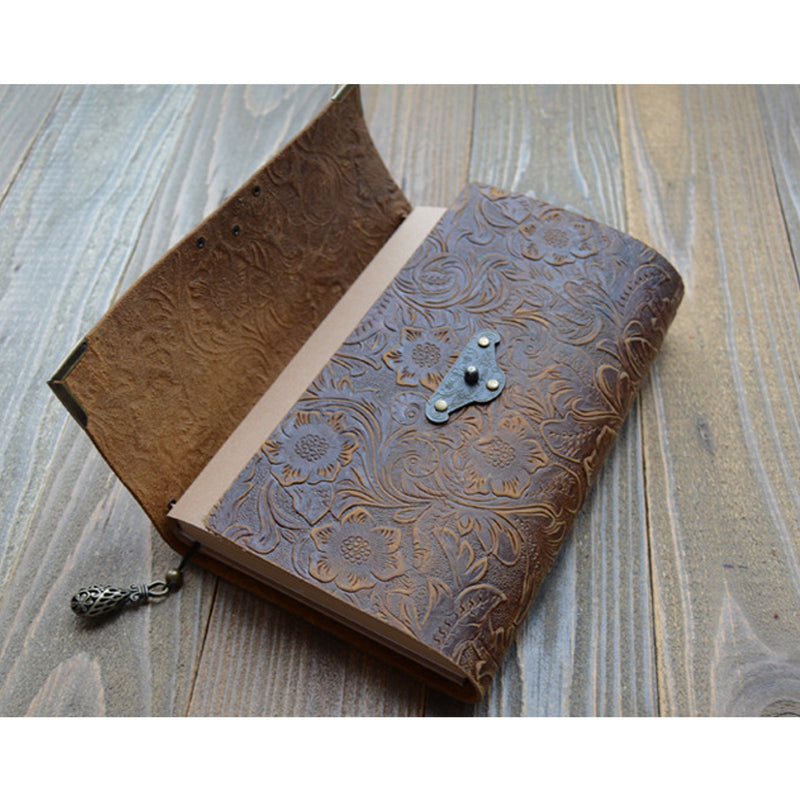 Embossed Pattern Soft Leather Travel Notebook with lock and Key Diary Notepad Kraft Paper for Business Sketching & Writing