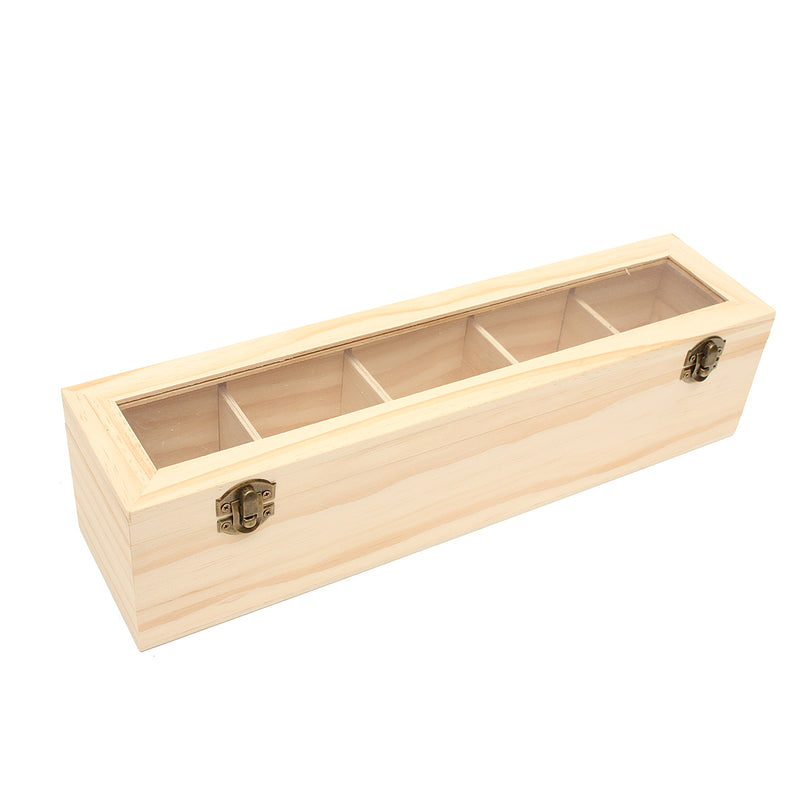 5 Compartments Plain Wooden Tea Box Bag Caddy Storage Display Container With Glass Lid