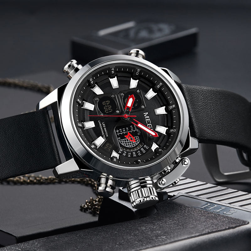 MEGIR 2090 Fashion Men Digital Watch Chronograph Luminous Display Waterproof Leather Strap Dual Display Watch