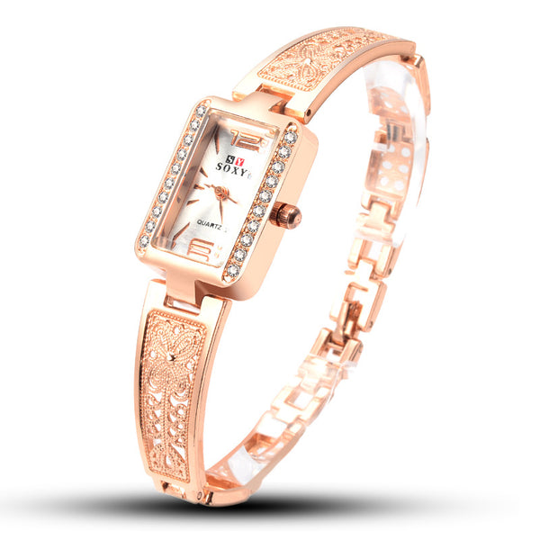 SOXY 0123 Rose Gold Case Rectangle Dial Design Ladies Bracelet Watch Fashion Style Quartz Watch