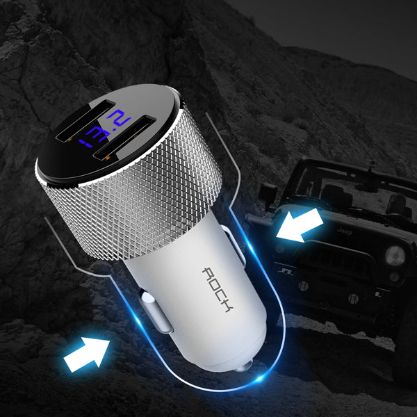 ROCK Sitor 3.4A LED Real-time Monitor Dual USB Fast Car Charger For Mobile Phone Tablet Camera