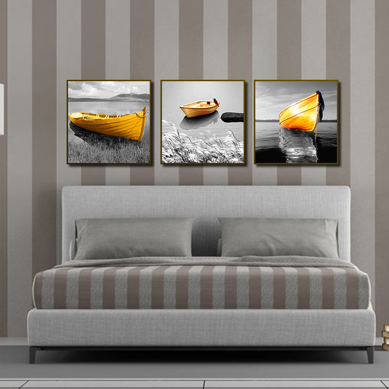 Miico Hand Painted Three Combination Decorative Paintings Yellow Boat Wall Art For Home Decoration