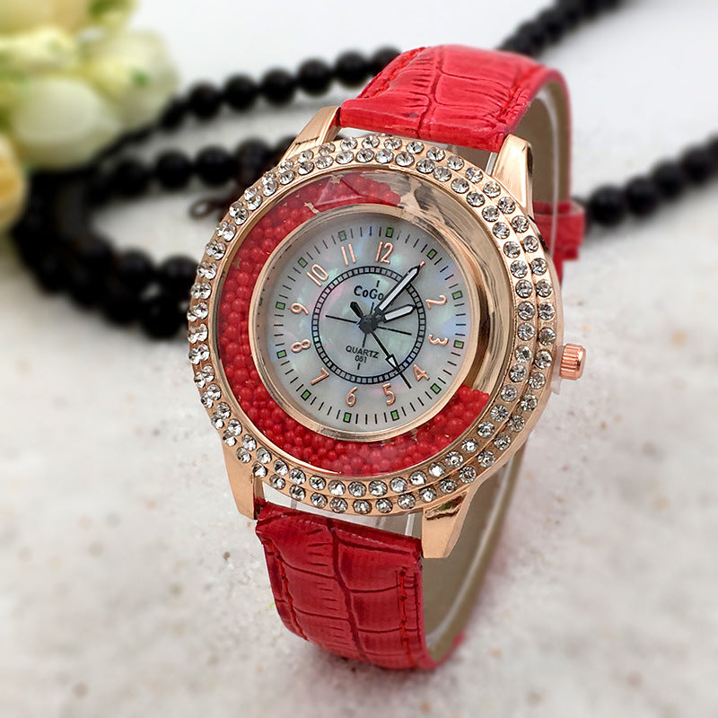 Fashion Ladies Dress Colorful Leather Band Crystal Women Quartz Watch