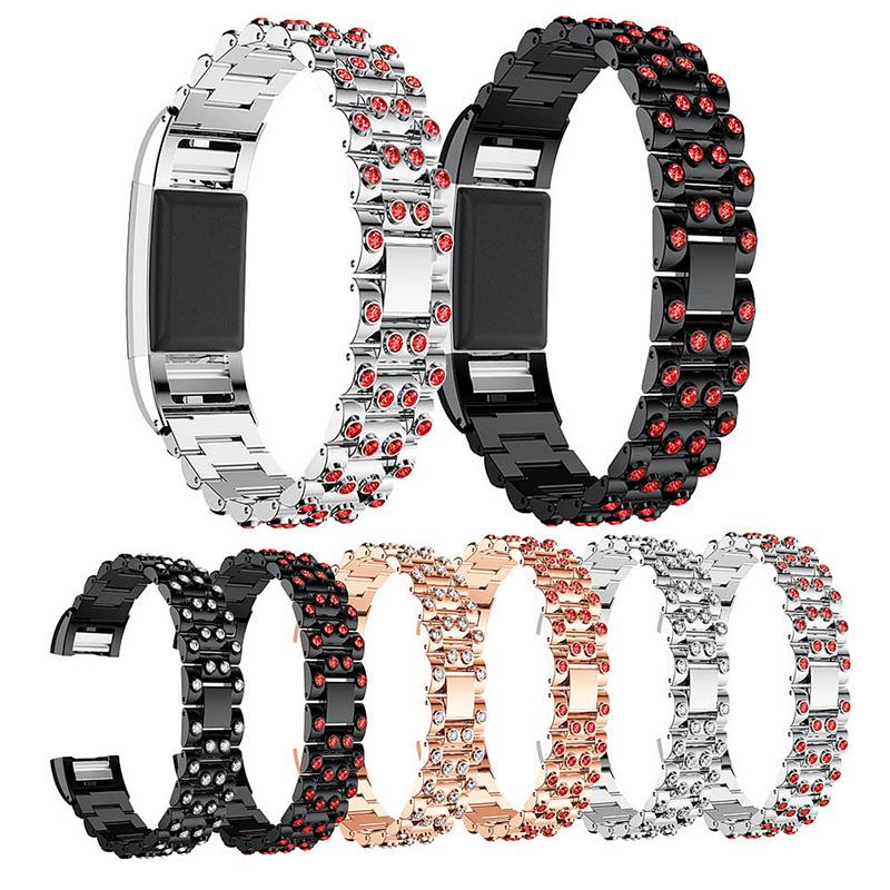Rhinestone Watch Band Metal Stainless Steel Strap Bracelet Replacement for Fitbit Charge 2