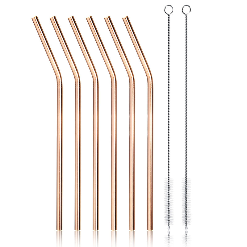 7pcs Stainless Steel Rose Gold Curved Straw / Straight Straw + Brush Reusable