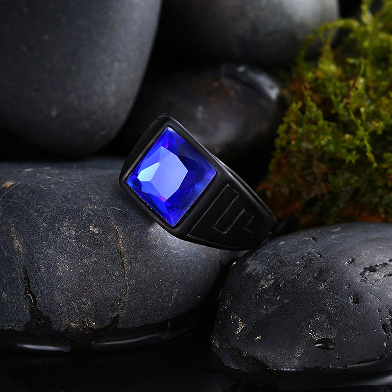 Fashion Titanium Steel Ring Blue Glass Gun Black Plated Ring Wholesale for Men