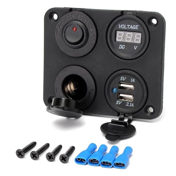 Dual USB Adapter Charger & Sockets & Digital Voltmeterr & Switch Panel