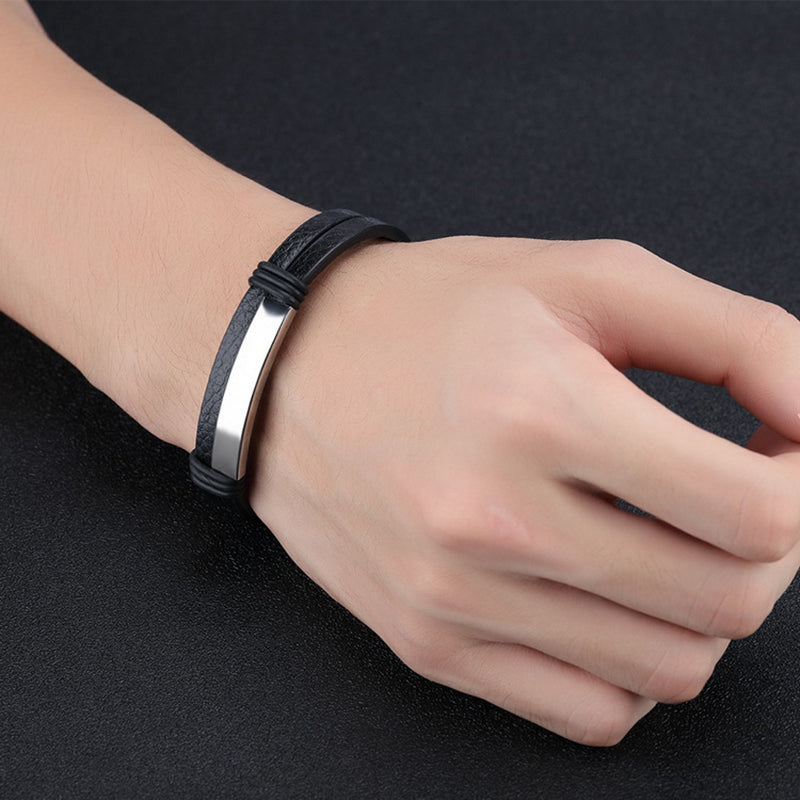 Double Black Stainless Steel Men's Leather Bracelet