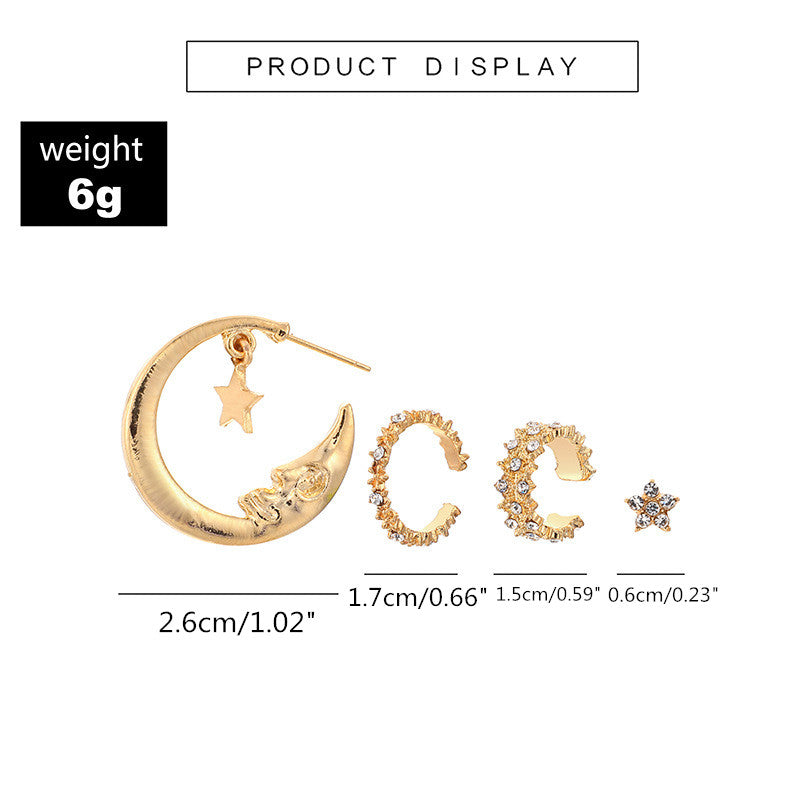 Trendy Moon Star Stud Earrings Kit Rhinestone Alloy Earring Set Women Jewelry