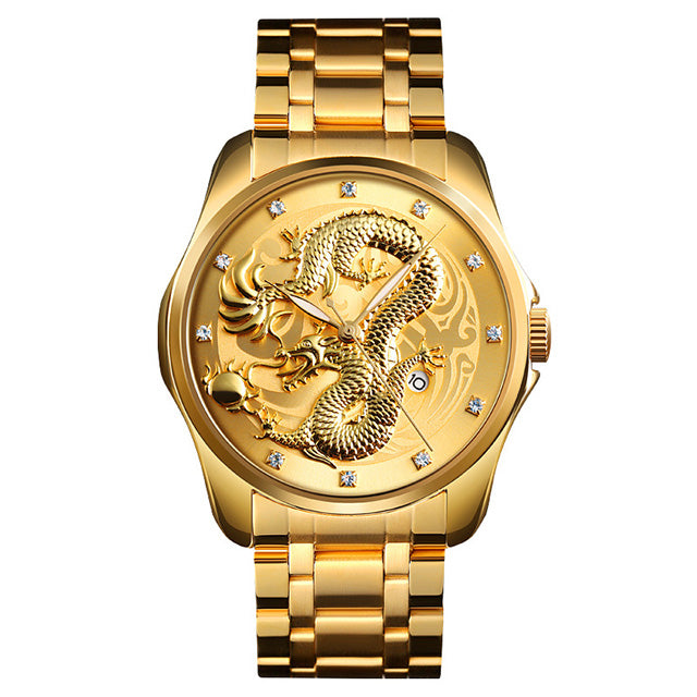 SKMEI 9193 Luxury Chinese Dragon Pattern Golden Waterproof Men Watch Quartz Watch