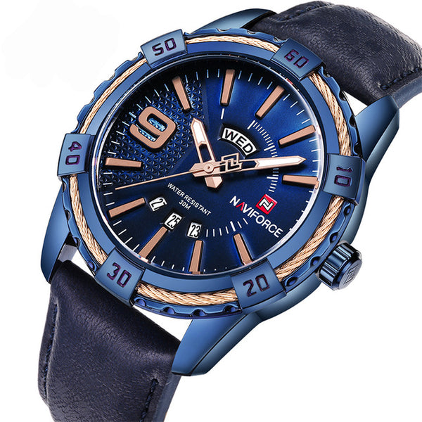 NAVIFORCE 9117 Business Style Men Wrist Watch Calendar Week Display Leather Strap Quartz Watch