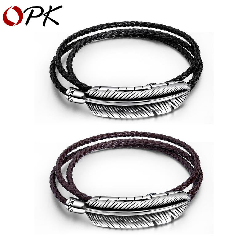 Titanium Steel Men's Feather Multi-layer Stainless Steel Braided Leather Bracelet
