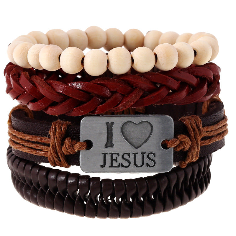 Religious I Love Jesus Bracelet Cowhide Multilayer Wristband White Wood Bead Bracelet for Men
