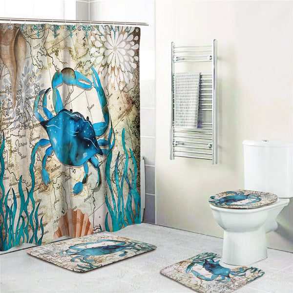 Crab Printing Bathroom Shower Curtain Toilet Cover Mat Non-Slip Rug Set
