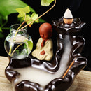 Ceramic Backflow Cone Holder Incense Burner Monk Smoke Buddhist Scents + Glass Pot